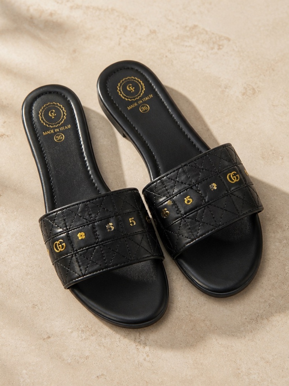 Black Quilted Slide Sandals with Gold Accents - Women
